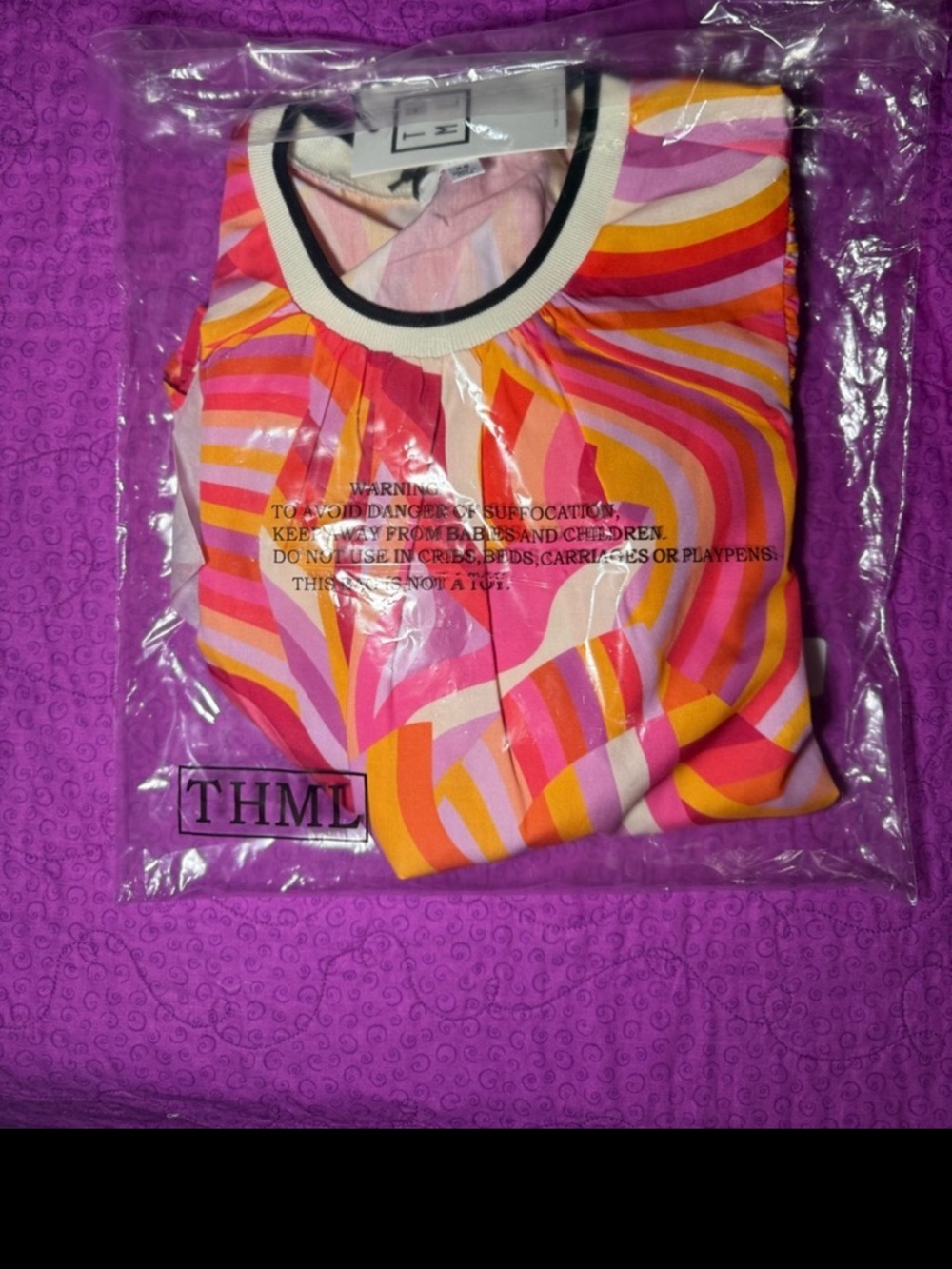 new THML Colorful Pink Swirl Puff Sleeve Women's Top - Picture 5 of 7